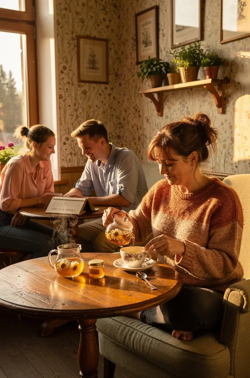 Rankų darbo arbatos rinkinys su užrašu apie streso mažinimą ir poilsio svarbą.