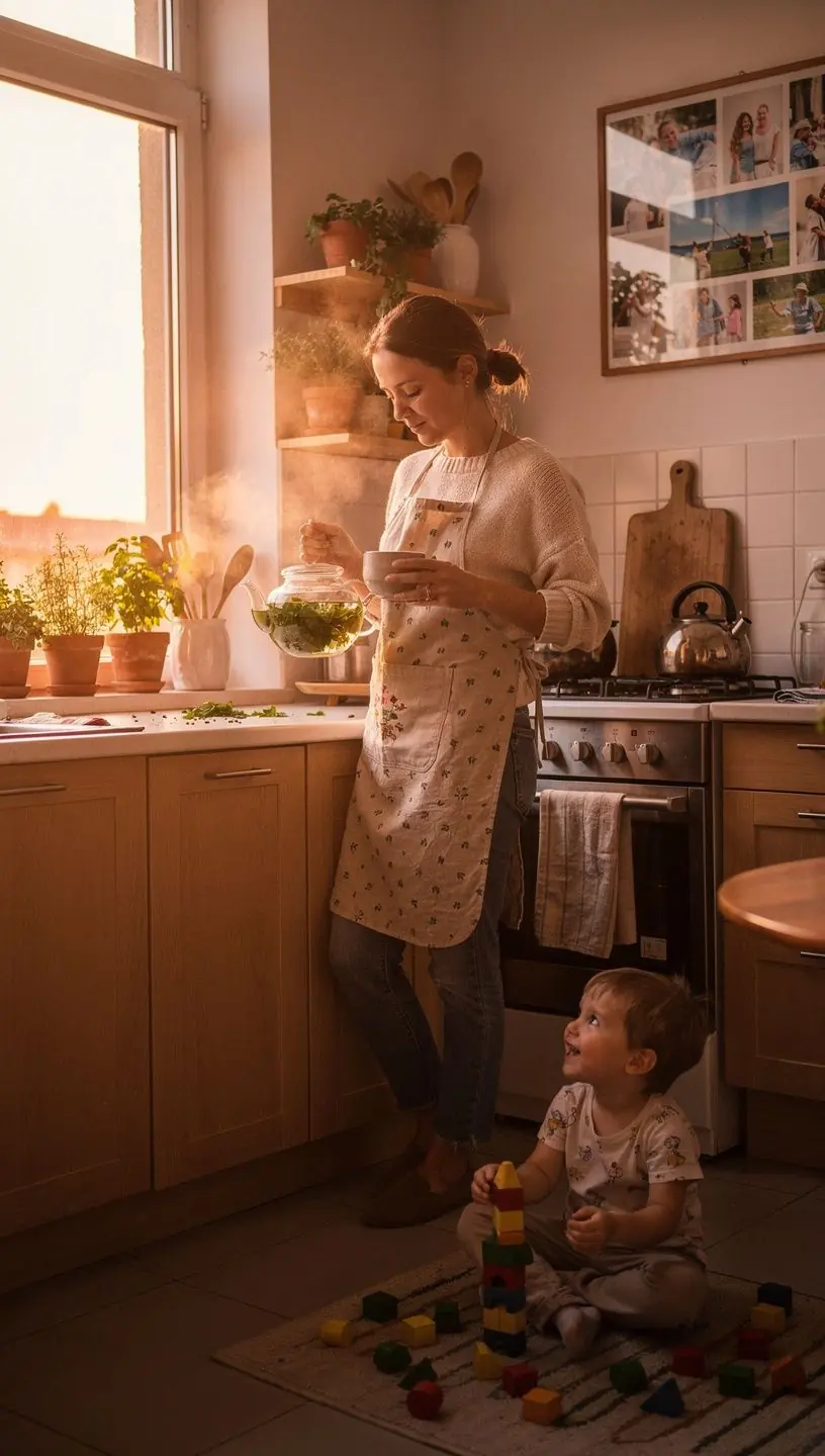 Žmogus atsipalaiduojantis su arbatos puodeliu, apsuptas ramios namų atmosferos.