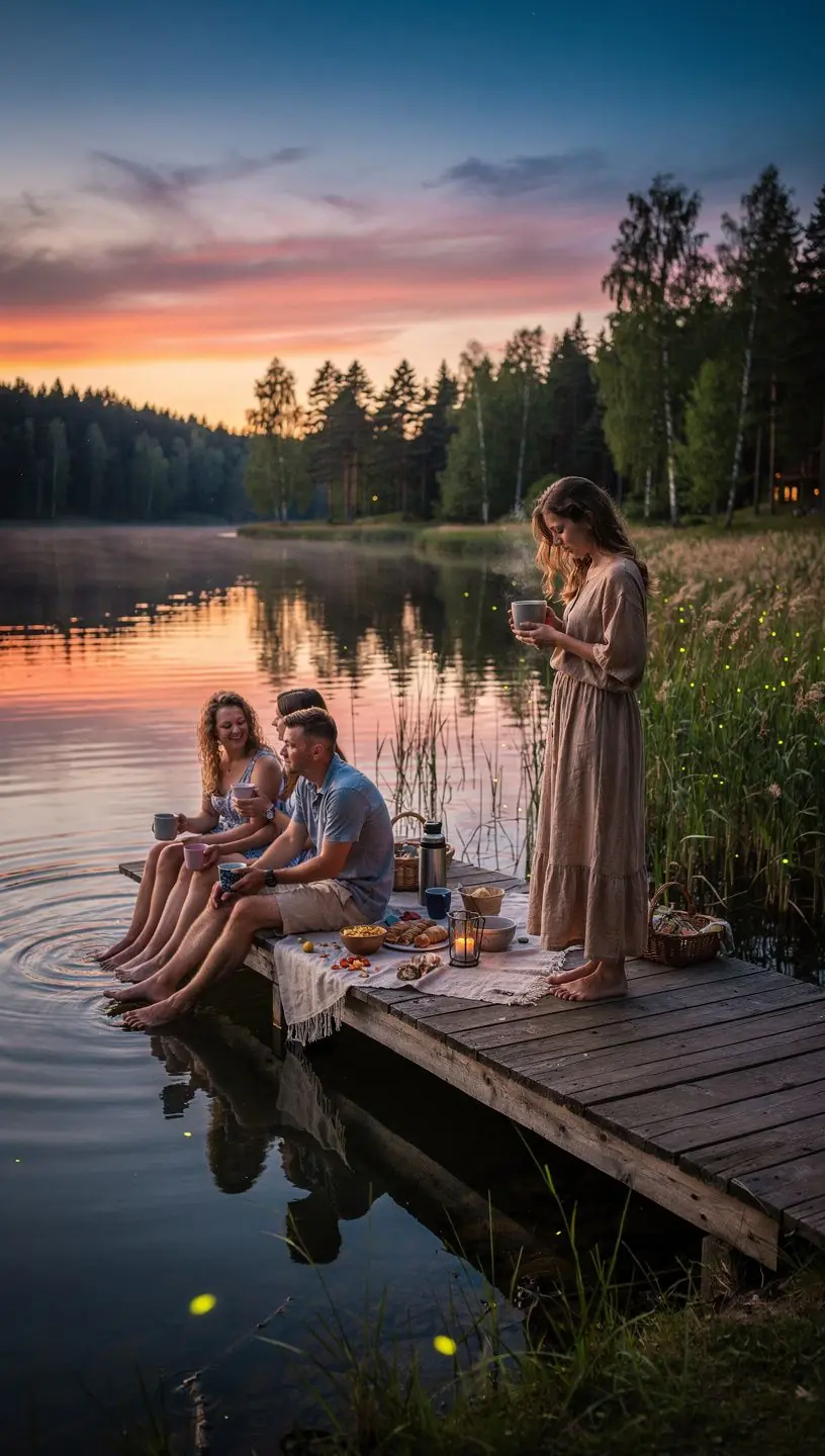 Šilta arbatos puodelis ant medinio stalo ramios vakaro aplinkos fone.
